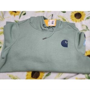 Carhartt Womens Relaxed Fit Midweight Logo Graphic Hoodie Jade Heather Size XS
